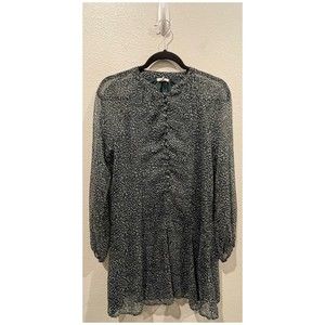 JOIE Green White Dots Long Sleeve Sheer Buttons Down Mini Dress